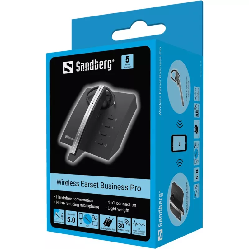 Sandberg 126-25 Bluetooth Earset Business Pro, auricular monoaural con gancho, Bluetooth 5.0, 20–20000 Hz, negro/gris