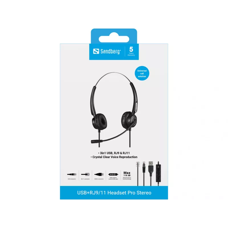 Sandberg Auricular USB+RJ9/11 Headset Pro Stereo, con cable, oficina/call center, 20 - 7000 Hz, auricular, negro