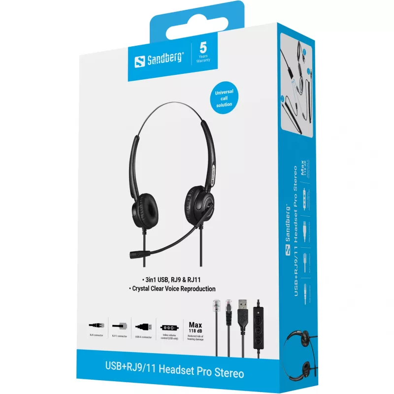 Sandberg Auricular USB+RJ9/11 Headset Pro Stereo, con cable, oficina/call center, 20 - 7000 Hz, auricular, negro