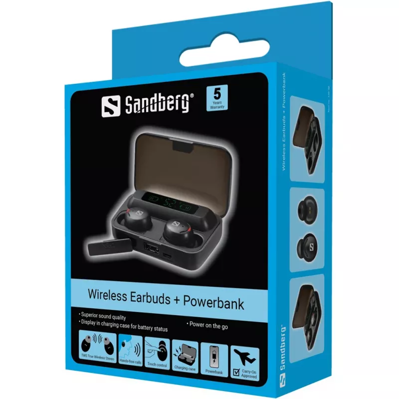 Sandberg Auriculares inalámbricos + Powerbank, True Wireless Stereo (TWS), 20 - 20000 Hz, llamadas/música, auricular, negro