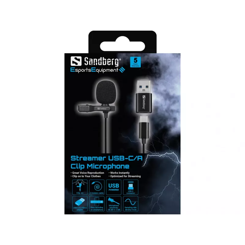 Sandberg Micrófono de pinza USB Streamer, micrófono lavalier/de solapa, -38 dB, 50 - 18000 Hz, 16 Bit, 48 kHz, 84 dB