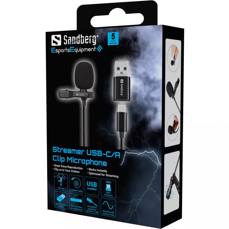 Sandberg Micrófono de pinza USB Streamer, micrófono lavalier/de solapa, -38 dB, 50 - 18000 Hz, 16 Bit, 48 kHz, 84 dB