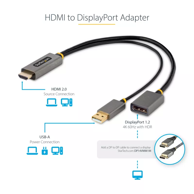 StarTech.com Cable adaptador HDMI a DisplayPort de 30cm, convertidor activo 4K 60Hz HDMI 2.0 a DP 1.2, HDR, alimentación por bus USB, fuente HDMI a monitor DisplayPort para portátiles/PCs
