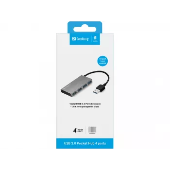 Sandberg Hub de bolsillo USB 3.0 4 puertos, USB 3.2 Gen 1 (3.1 Gen 1) Type-A, USB 3.2 Gen 1 (3.1 Gen 1) Type-A, 5000 Mbit/s, blanco, aluminio, RoHS