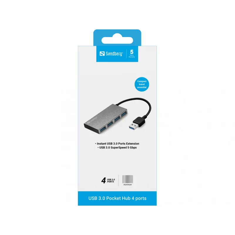 Sandberg Hub de bolsillo USB 3.0 4 puertos, USB 3.2 Gen 1 (3.1 Gen 1) Type-A, USB 3.2 Gen 1 (3.1 Gen 1) Type-A, 5000 Mbit/s, blanco, aluminio, RoHS
