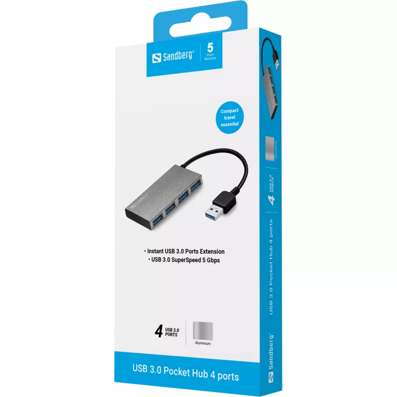Sandberg Hub de bolsillo USB 3.0 4 puertos, USB 3.2 Gen 1 (3.1 Gen 1) Type-A, USB 3.2 Gen 1 (3.1 Gen 1) Type-A, 5000 Mbit/s, blanco, aluminio, RoHS