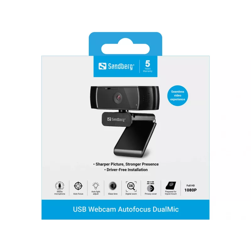 Sandberg Webcam USB Autofocus DualMic, 2,07 MP, 1920 x 1080 píxeles, Full HD, 30 fps, 70°, 70°