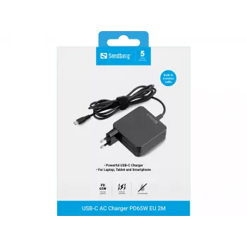 Sandberg Cargador USB-C AC PD65W EU 2M, interior, AC, 20 V, 1 m, negro
