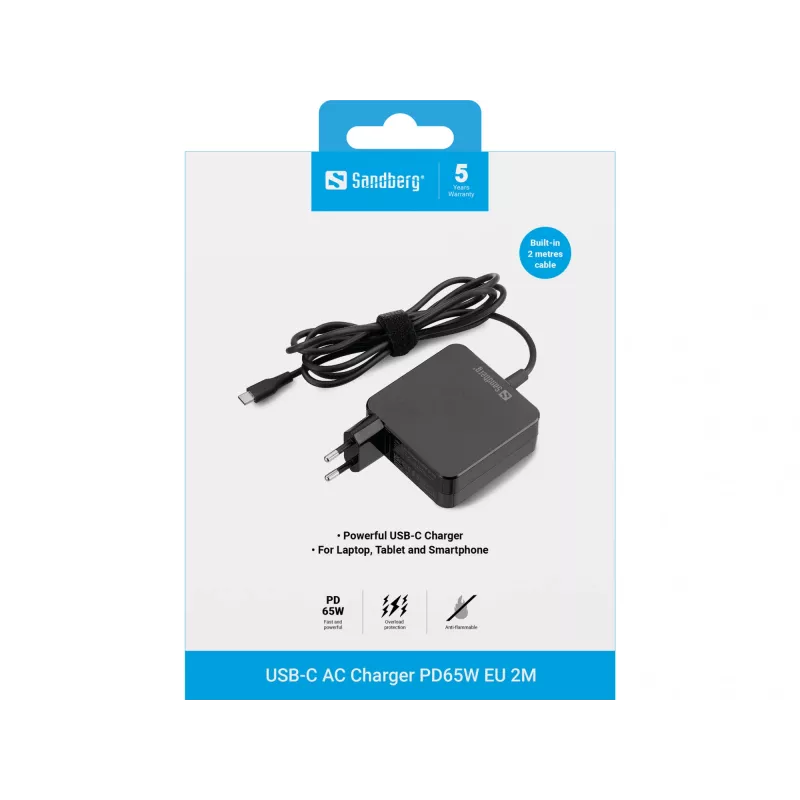 Sandberg Cargador USB-C AC PD65W EU 2M, interior, AC, 20 V, 1 m, negro