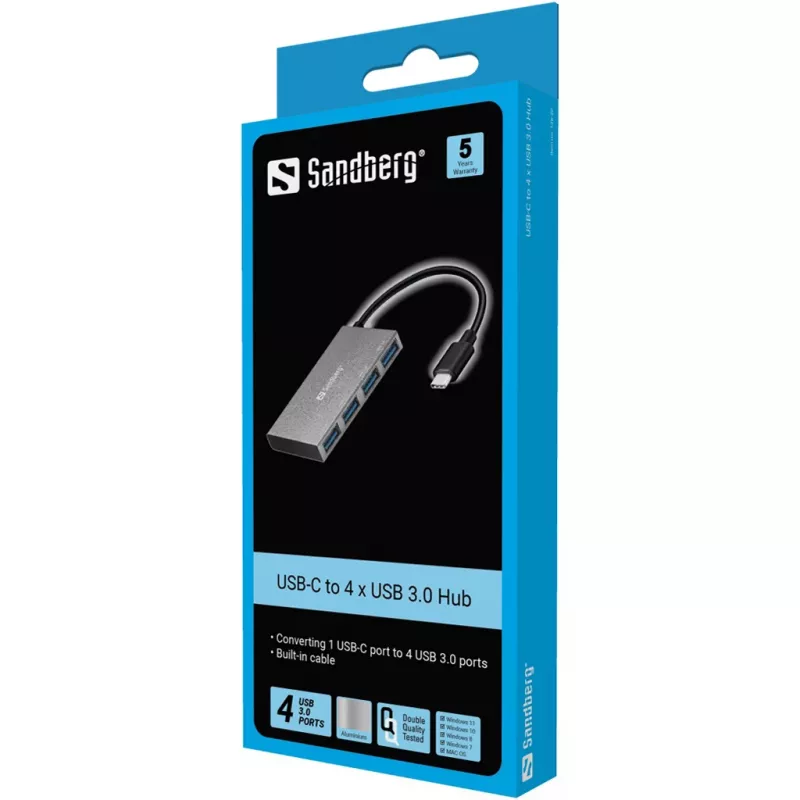 Sandberg 136-20 hub de bolsillo de USB-C a 4x USB 3.0, aluminio, gris
