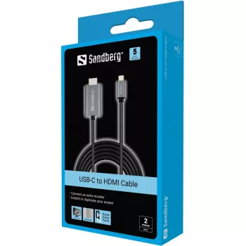 Cable Sandberg USB-C a HDMI 2M, 2 m, USB Type-C, HDMI, conector macho, conector macho, recto