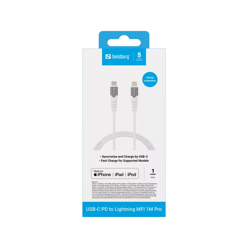 Sandberg USB-C PD a Lightning MFI 1M PRO, 1 m, Lightning, USB C, conector macho, conector macho, blanco