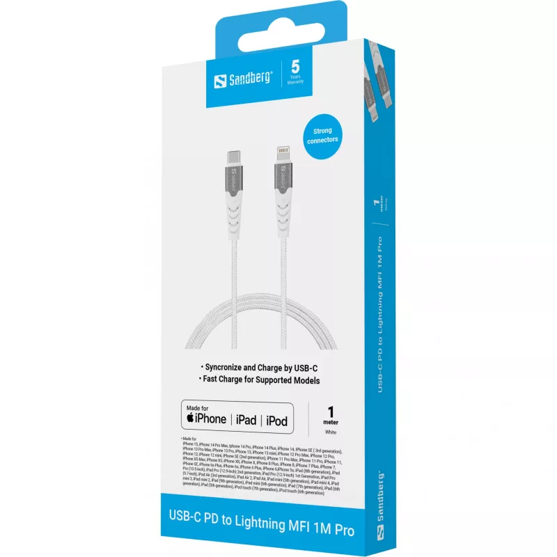 Sandberg USB-C PD a Lightning MFI 1M PRO, 1 m, Lightning, USB C, conector macho, conector macho, blanco