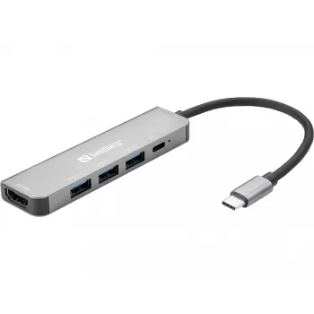 Dock Sandberg USB-C HDMI+3xUSB+PD 100W, con cable, USB 3.2 Gen 1 (3.1 Gen 1) Type-C, 100 W, gris, 4K Ultra HD, aluminio