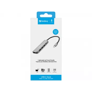 Dock Sandberg USB-C HDMI+3xUSB+PD 100W, con cable, USB 3.2 Gen 1 (3.1 Gen 1) Type-C, 100 W, gris, 4K Ultra HD, aluminio