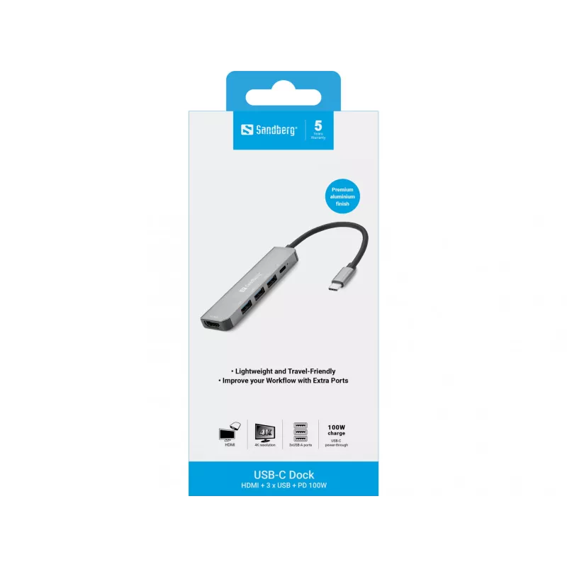 Dock Sandberg USB-C HDMI+3xUSB+PD 100W, con cable, USB 3.2 Gen 1 (3.1 Gen 1) Type-C, 100 W, gris, 4K Ultra HD, aluminio