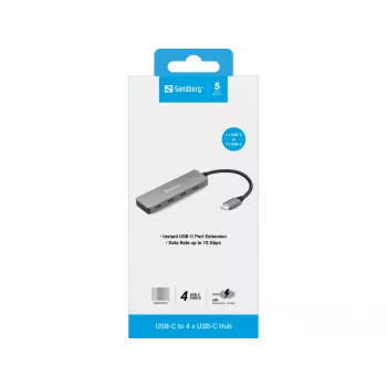Hub Sandberg USB-C a 4 x USB-C, USB 3.2 Gen 1 (3.1 Gen 1) Type-C, USB 3.2 Gen 1 (3.1 Gen 1) Type-C, 10000 Mbit/s, gris, aluminio, 0,15 m