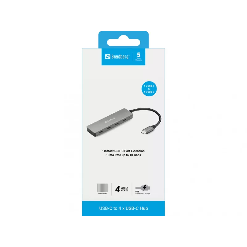 Sandberg 136-41 hub de USB-C a 4x USB-C, USB-C 3.1, 10 Gbit/s, aluminio, cable de 0,15 m