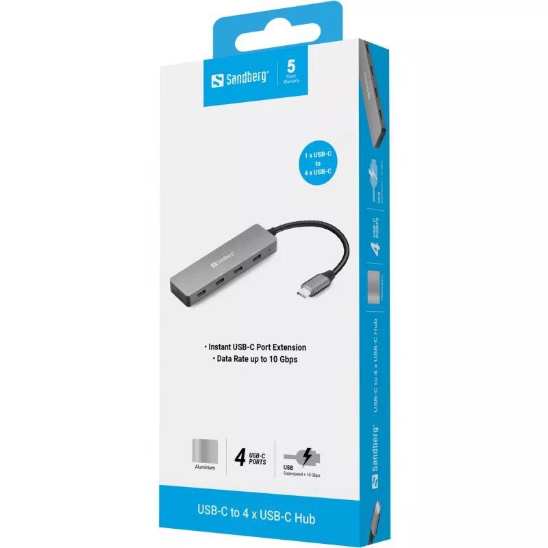Sandberg 136-41 hub de USB-C a 4x USB-C, USB-C 3.1, 10 Gbit/s, aluminio, cable de 0,15 m