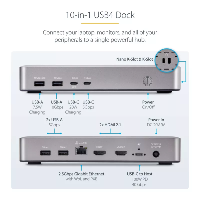 StarTech.com Docking station USB4 de doble monitor, HDMI dual 4K 120Hz o único 8K 60Hz, carga de portátil de 100W, 2,5GbE, dock USB-C multi-monitor, sin controladores