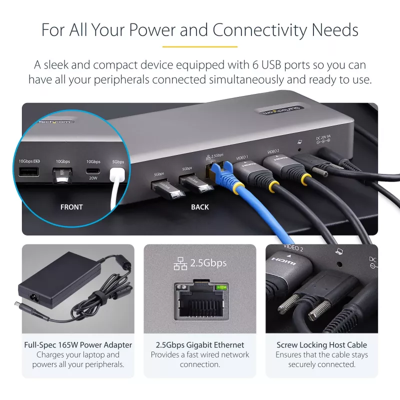 StarTech.com Docking station USB4 de doble monitor, HDMI dual 4K 120Hz o único 8K 60Hz, carga de portátil de 100W, 2,5GbE, dock USB-C multi-monitor, sin controladores