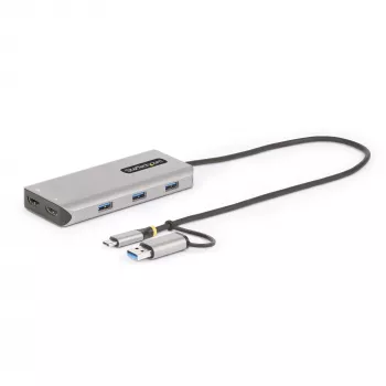 StarTech.com Adaptador multipuerto USB-C con dongle USB-C a USB-A incorporado, HDMI dual (4K30Hz/1080p60Hz), 3x USB-A 5Gbps, mini dock de viaje, docking station para portátil, cable de 1,3ft/40cm