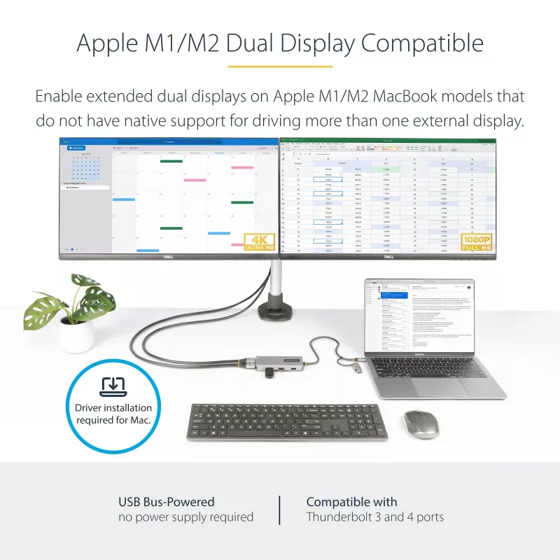 StarTech.com Adaptador multipuerto USB-C con dongle USB-C a USB-A incorporado, HDMI dual (4K30Hz/1080p60Hz), 3x USB-A 5Gbps, mini dock de viaje, docking station para portátil, cable de 1,3ft/40cm