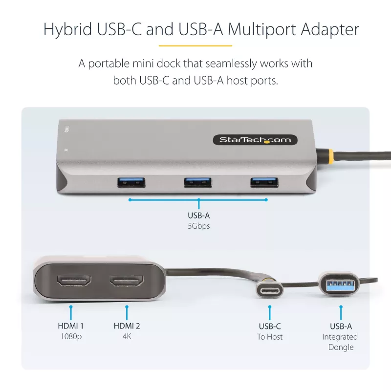 StarTech.com Adaptador multipuerto USB-C con dongle USB-C a USB-A incorporado, HDMI dual (4K30Hz/1080p60Hz), 3x USB-A 5Gbps, mini dock de viaje, docking station para portátil, cable de 1,3ft/40cm