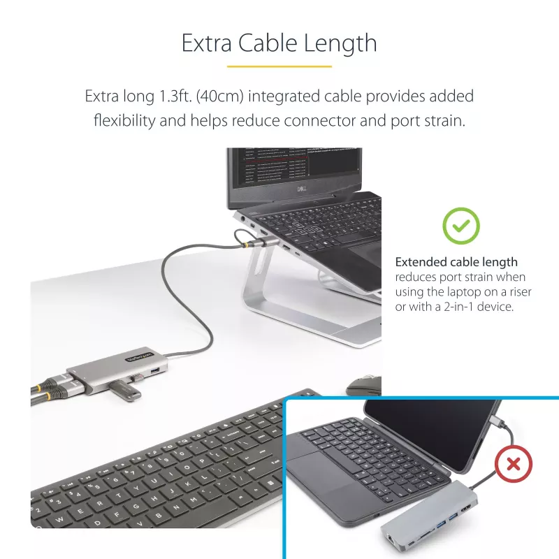 StarTech.com Adaptador multipuerto USB-C con dongle USB-C a USB-A incorporado, HDMI dual (4K30Hz/1080p60Hz), 3x USB-A 5Gbps, mini dock de viaje, docking station para portátil, cable de 1,3ft/40cm