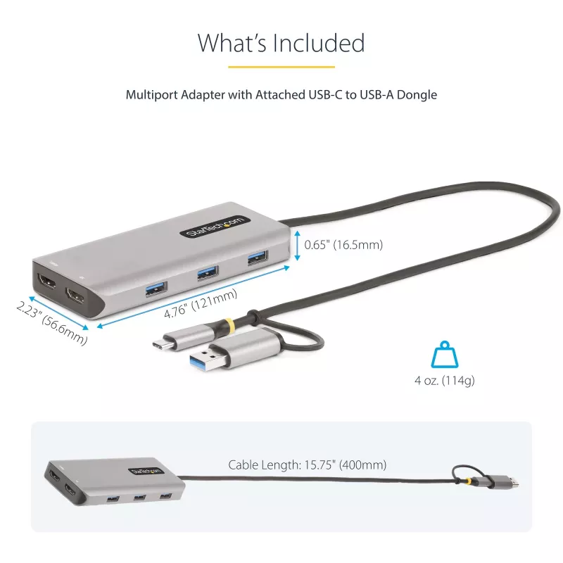 StarTech.com Adaptador multipuerto USB-C con dongle USB-C a USB-A incorporado, HDMI dual (4K30Hz/1080p60Hz), 3x USB-A 5Gbps, mini dock de viaje, docking station para portátil, cable de 1,3ft/40cm