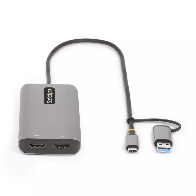 StarTech.com Adaptador multipuerto USB-C con dongle USB-C a USB-A incorporado, HDMI dual (4K30Hz/1080p60Hz), 3x USB-A 5Gbps, mini dock de viaje, docking station para portátil, cable de 1,3ft/40cm