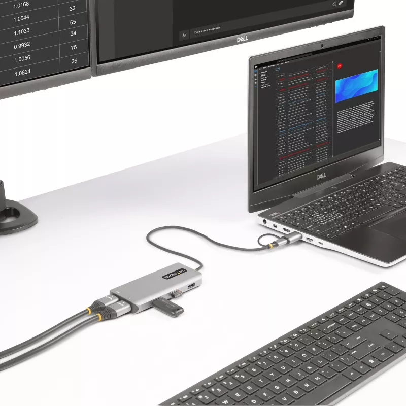 StarTech.com Adaptador multipuerto USB-C con dongle USB-C a USB-A incorporado, HDMI dual (4K30Hz/1080p60Hz), 3x USB-A 5Gbps, mini dock de viaje, docking station para portátil, cable de 1,3ft/40cm