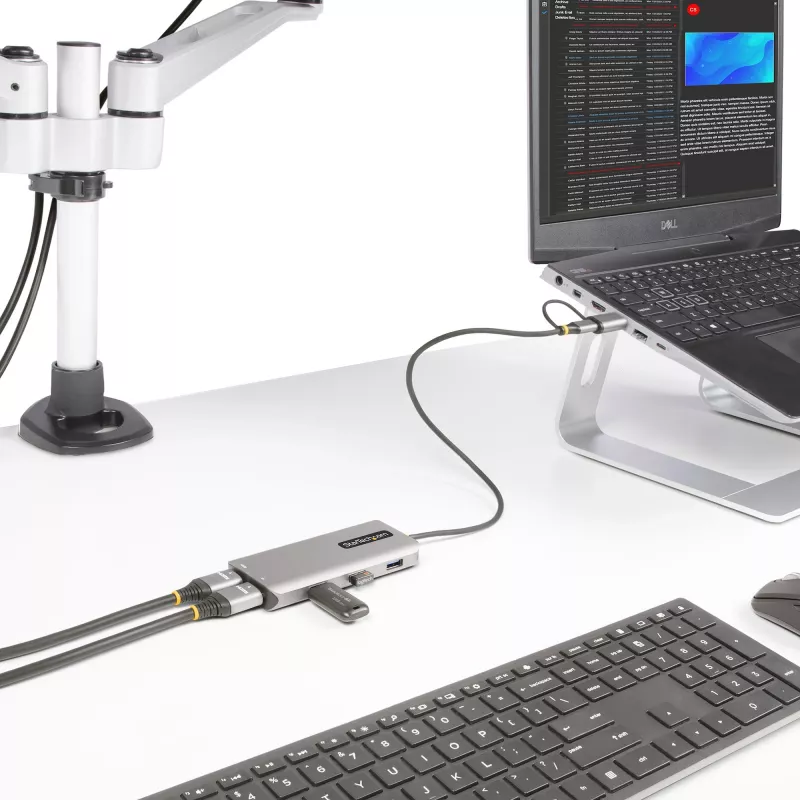 StarTech.com Adaptador multipuerto USB-C con dongle USB-C a USB-A incorporado, HDMI dual (4K30Hz/1080p60Hz), 3x USB-A 5Gbps, mini dock de viaje, docking station para portátil, cable de 1,3ft/40cm