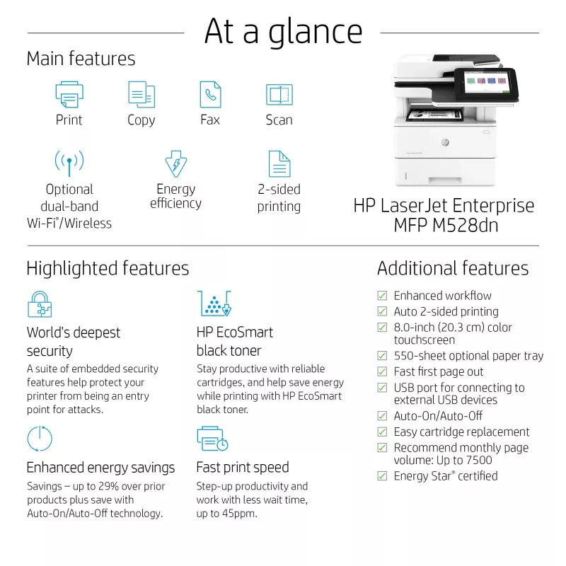 HP LaserJet Enterprise MFP M528dn, láser, monocromo, 1200 x 1200 DPI, A4, impresión directa, negro, blanco