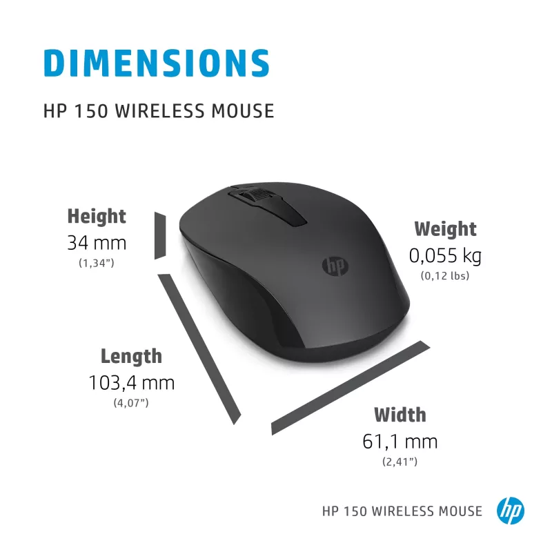 HP 150 Ratón inalámbrico, ambidiestro, óptico, RF inalámbrico, 1600 dpi, negro