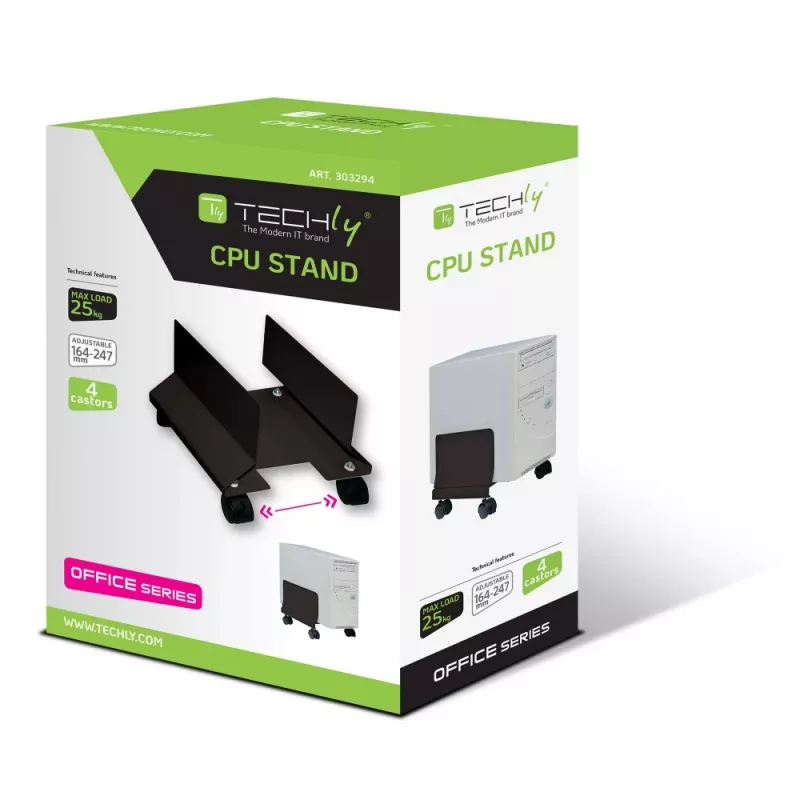 Techly ICA-CS 34 soporte para CPU/PC con ruedas, ajustable, metálico, negro
