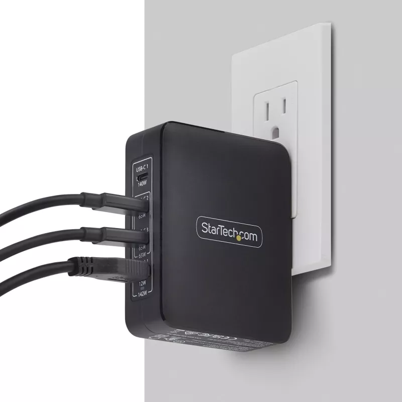 StarTech.com Cargador de pared USB-C de 140W, 3x USB-C/1x USB-A, PD 3.1 Fuente de alimentación GaN internacional para MacBook/Dell XPS/Inspiron