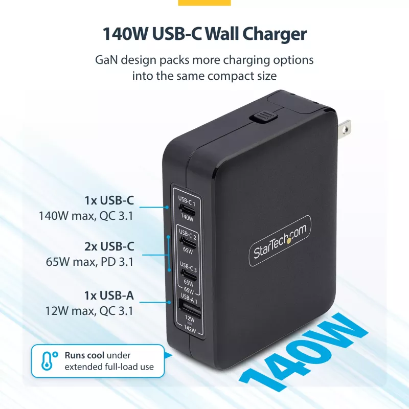 StarTech.com Cargador de pared USB-C de 140W, 3x USB-C/1x USB-A, PD 3.1 Fuente de alimentación GaN internacional para MacBook/Dell XPS/Inspiron
