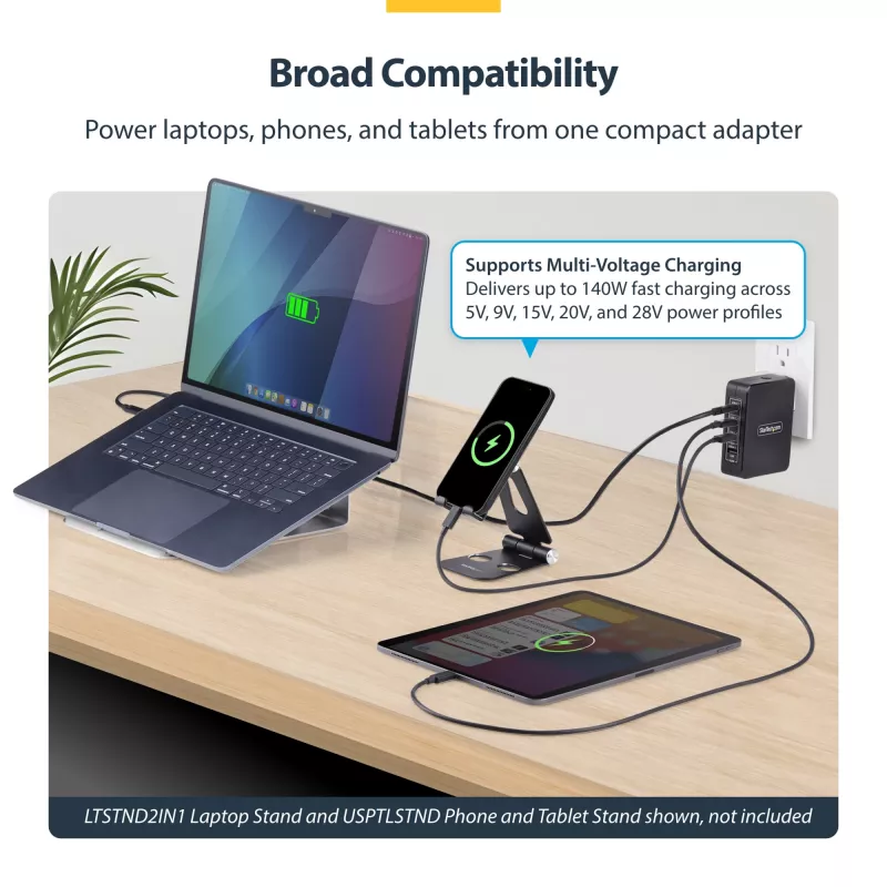 StarTech.com Cargador de pared USB-C de 140W, 3x USB-C/1x USB-A, PD 3.1 Fuente de alimentación GaN internacional para MacBook/Dell XPS/Inspiron