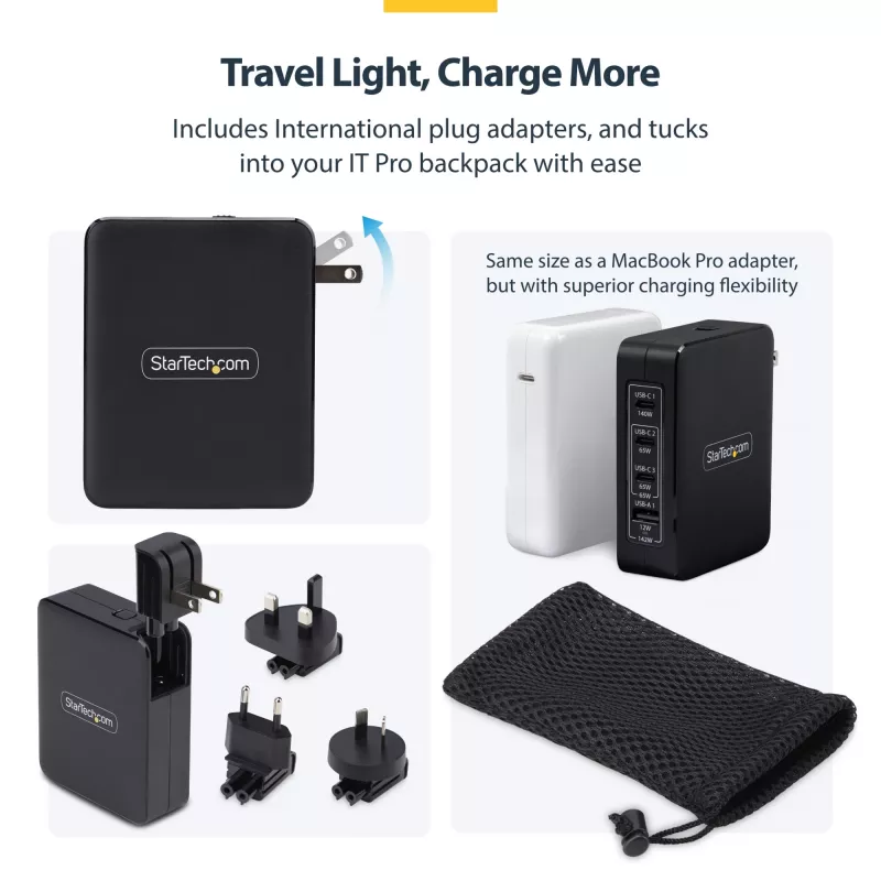 StarTech.com Cargador de pared USB-C de 140W, 3x USB-C/1x USB-A, PD 3.1 Fuente de alimentación GaN internacional para MacBook/Dell XPS/Inspiron