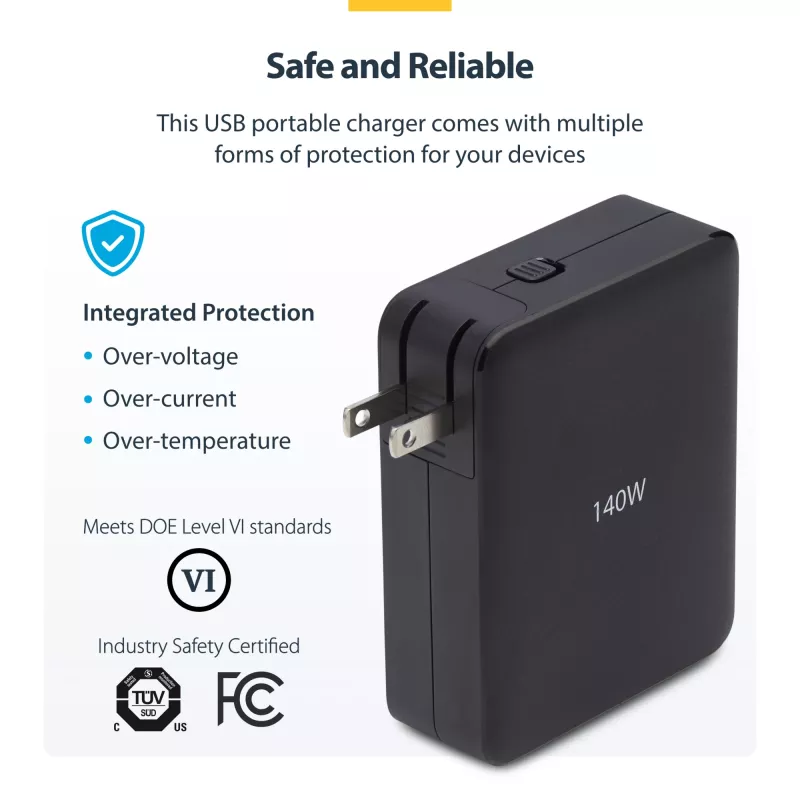 StarTech.com Cargador de pared USB-C de 140W, 3x USB-C/1x USB-A, PD 3.1 Fuente de alimentación GaN internacional para MacBook/Dell XPS/Inspiron