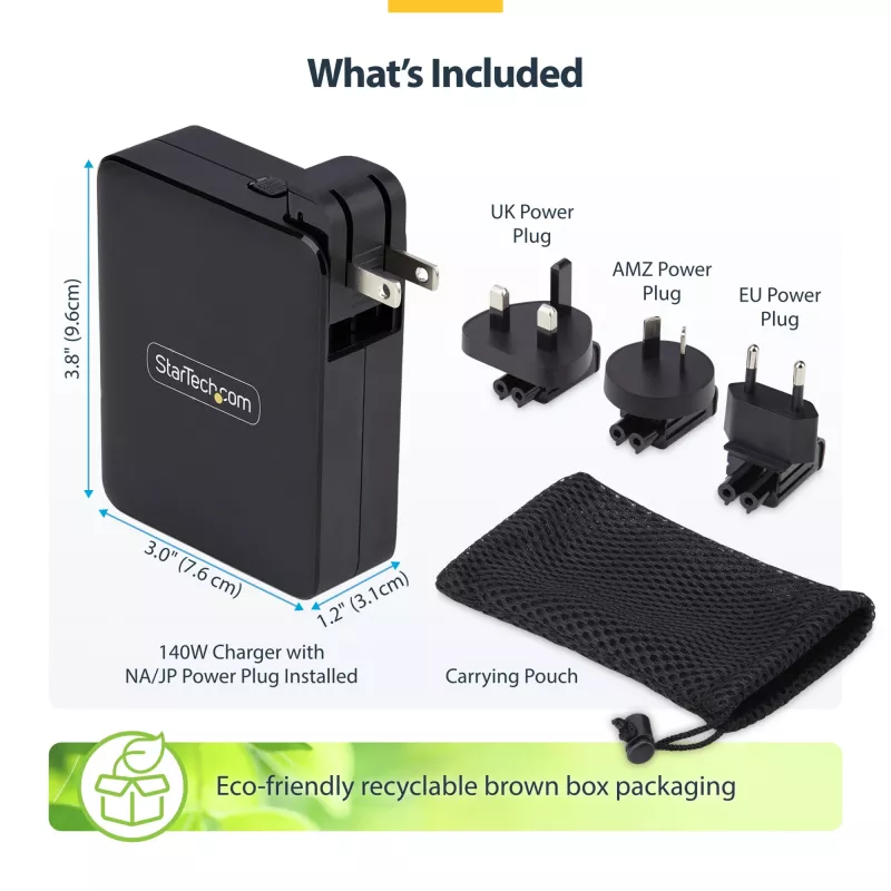 StarTech.com Cargador de pared USB-C de 140W, 3x USB-C/1x USB-A, PD 3.1 Fuente de alimentación GaN internacional para MacBook/Dell XPS/Inspiron