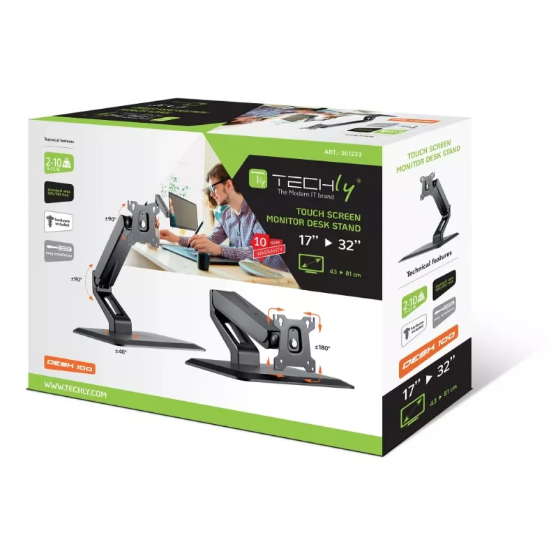Techly ICA-LCD 35TS soporte de escritorio para monitor táctil, 17-32 pulgadas, hasta 10 kg, VESA 75x75/100x100, muelle de gas, negro