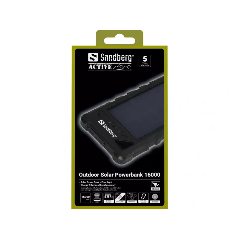 Sandberg Outdoor Solar Powerbank 16000, 16000 mAh, litio-ion (Li-Ion), negro