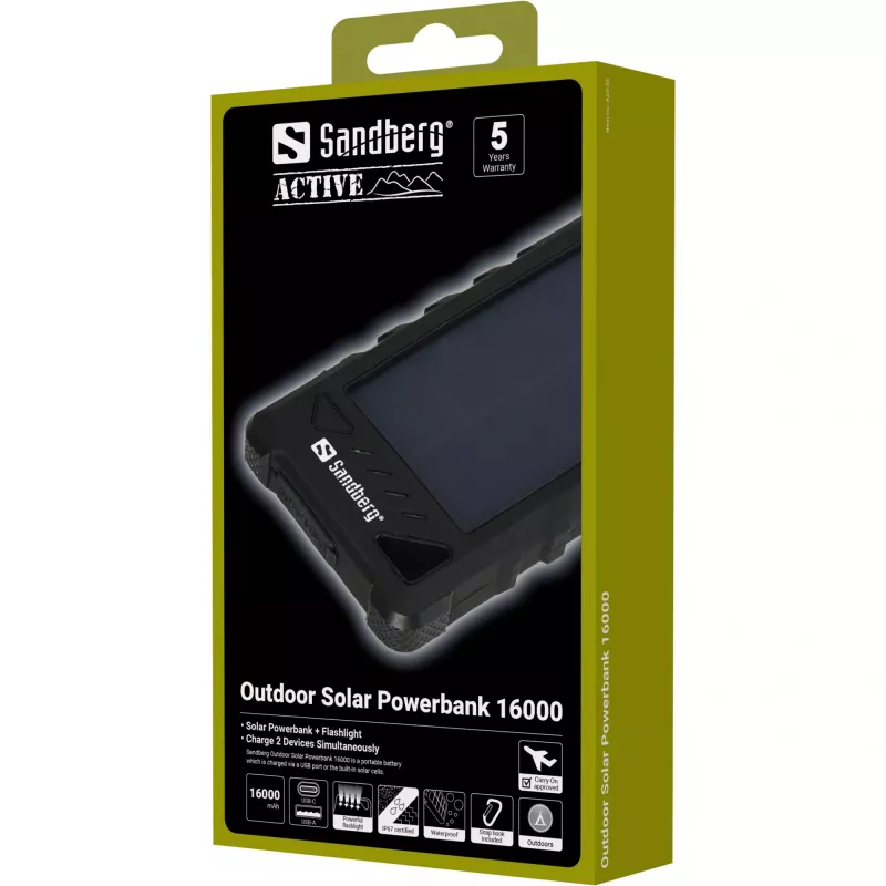 Sandberg Outdoor Solar Powerbank 16000, 16000 mAh, litio-ion (Li-Ion), negro