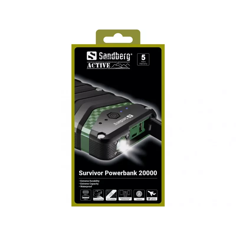 Sandberg Survivor Powerbank 20000, 20000 mAh, litio-ion (Li-Ion), negro, verde
