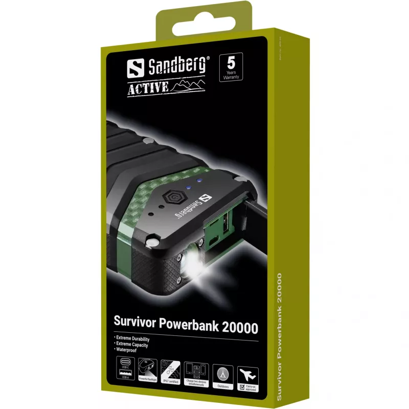 Sandberg Survivor Powerbank 20000, 20000 mAh, litio-ion (Li-Ion), negro, verde