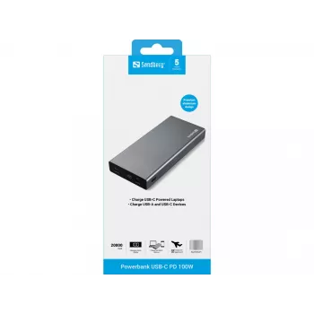 Sandberg Powerbank USB-C PD 100W 20000, 20000 mAh, litio-ion (Li-Ion), Quick Charge 3.0, 100 W, gris