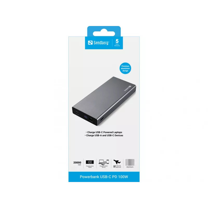 Sandberg Powerbank USB-C PD 100W 20000, 20000 mAh, litio-ion (Li-Ion), Quick Charge 3.0, 100 W, gris