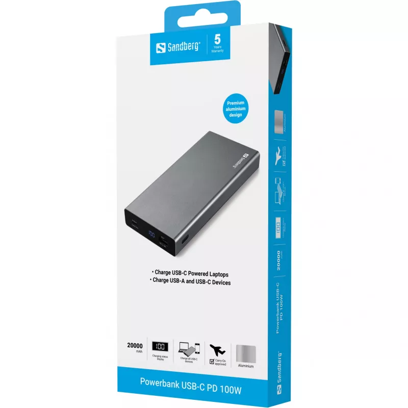 Sandberg Powerbank USB-C PD 100W 20000, 20000 mAh, litio-ion (Li-Ion), Quick Charge 3.0, 100 W, gris